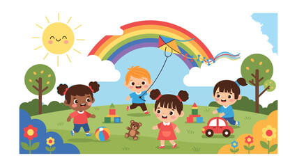 Obraz premium Playful Day at the Park: A vibrant illustration showcasing happy children enjoying a fun-filled day at the park with a rainbow and a kite.