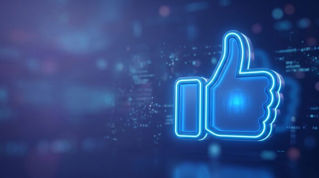 Glowing blue neon thumbs up icon floating on digital background for feedback