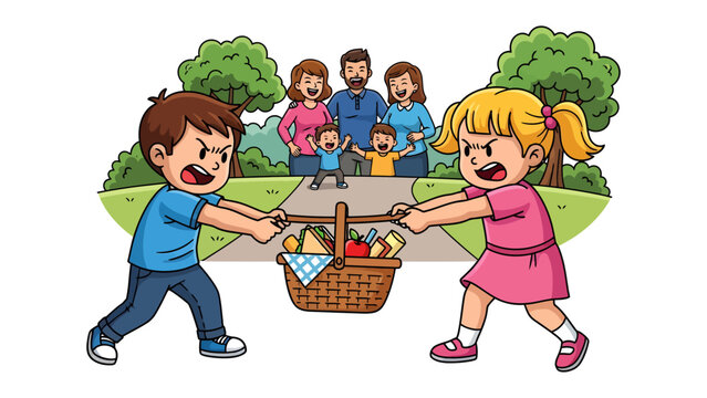 Picnic Basket Tug-of-War: Two children engage in a spirited tug-of-war over a picnic basket, while their family watches on. Capturing sibling rivalry and family dynamics.