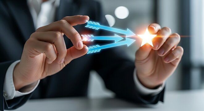 Strategic alignment concept. A leader's hands align three holographic arrows so they all point towards a single target (a star), representing strategic alignment.