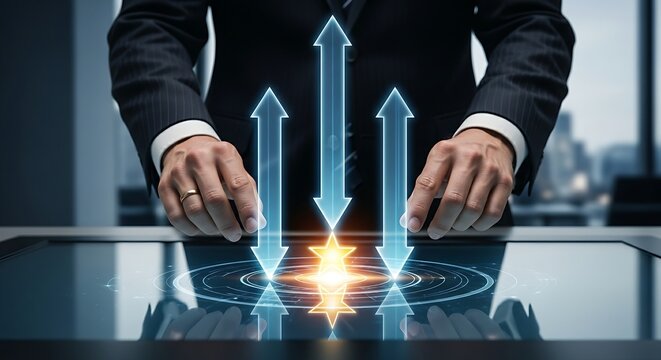 Strategic alignment concept. A leader's hands align three holographic arrows so they all point towards a single target (a star), representing strategic alignment.