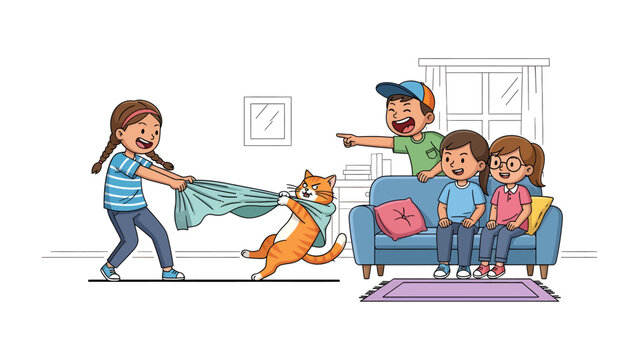 Playful Cat Chaos: A mischievous orange tabby cat, in a playful tussle, grabs onto a blanket being held by a young girl as a group of children watch with amusement.