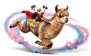 Fototapeta premium A crowned hamster rides a rainbow-costumed alpaca through colorful
