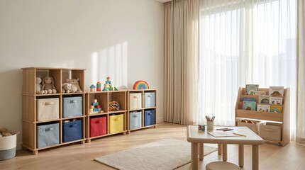 Naklejka premium Clean and bright children playroom with wooden shelves, colorful storage bins, and a small craft table. Promoting home learning and creativity. Ideal for interior design or parenting content.