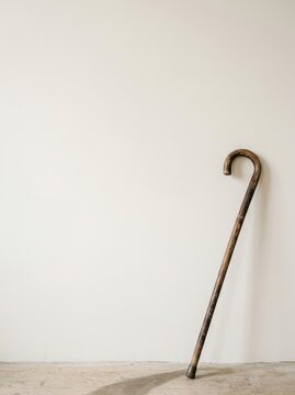Vintage wooden walking cane leaning against a plain wall, symbolizing aging and elderly care, representing World Elder Abuse Awareness Day and support for seniors in need of assistance.