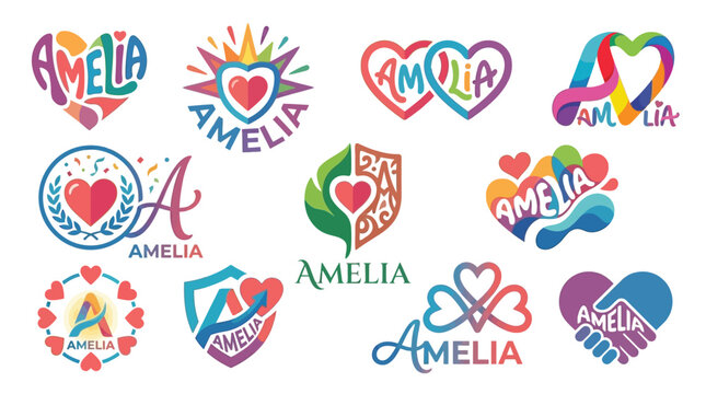Collection of colorful logos and emblems featuring the name Amelia in various creative designs and heart shapes.