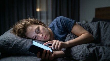 Obraz premium Tired woman lying in bed using smartphone at night for social media