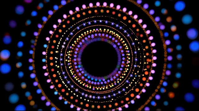 A mesmerizing video of colorful lights forming a vibrant circular pattern in the dark