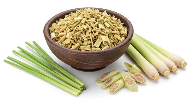 Fresh Lemongrass Stalks and Chopped Lemongrass in a Wooden Bowl.