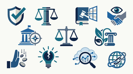 Fototapeta premium Collection of flat design icons representing law, justice, business, and finance concepts.
