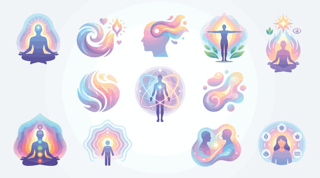 Collection of abstract spiritual and wellness icons representing meditation, energy, and inner peace.