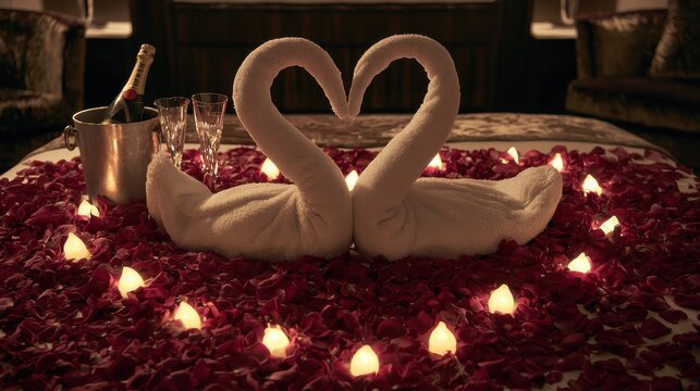 Romantic towel swans forming a heart on a bed of petals with champagne in a low-key cinematic style for luxury honeymoon marketing