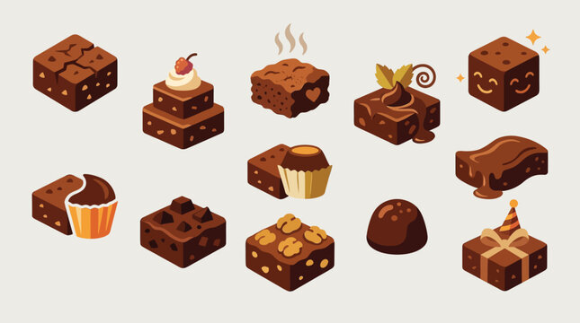 A delightful collection of various chocolate brownies and desserts, presented in a charming isometric illustration style.