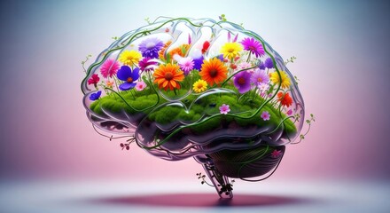 Fototapeta na wymiar A translucent anatomical brain shape filled with blooming wildflowers, lush green moss, and twisting vines representing mental growth, life, psychology, flora