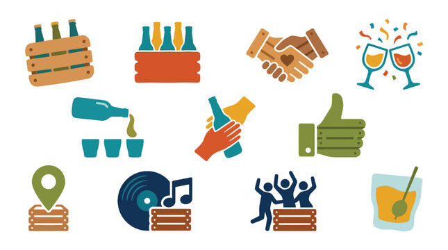 Collection of icons representing celebration, drinks, music, and social gatherings.
