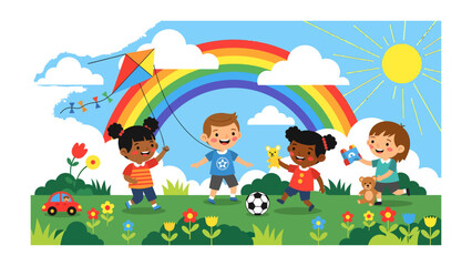 Obraz premium Joyful Childhood Dreams: A vibrant depiction of childhood, featuring children immersed in play amidst a colorful rainbow, and sunny day.