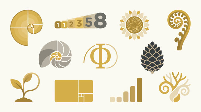Collection of Golden Ratio Icons and Symbols Representing Nature and Mathematics.