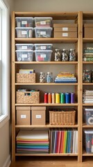 Naklejka premium Wooden shelving unit filled with neatly organized craft supplies like thread and paper. This organized space promotes creativity and hobby learning. Ideal for home studio or playroom content.