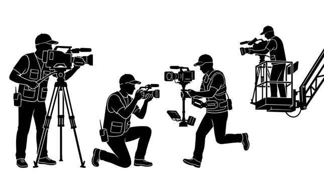 Action silhouette set of professional cameraman operating video camera on tripod kneeling running with heavy gimbal stabilizer and shooting from crane lift vector illustration.