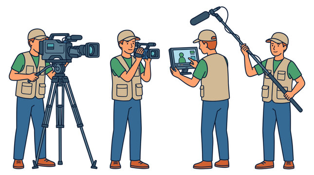 Flat Character Professional video production crew set featuring cameraman with tripod handheld camera operator director checking monitor and sound engineer holding boom mic vector illustration.
