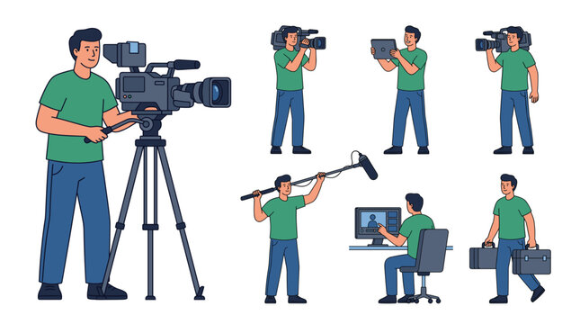 Videography crew character set featuring cameraman recording with tripod and shoulder rig sound operator boom mic editor working on computer flat vector illustration collection.