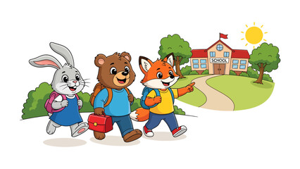 Naklejka premium First Day Friends' Adventure: Three cheerful animal friends, a bunny, a bear, and a fox, embark on an exciting journey towards school. The school building, with the sun shining above.