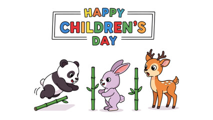 Fototapeta premium Happy Children's Day Cartoon: Cute panda, bunny and deer, celebrating the cheerful kids day with joy and happiness, in a joyful and colorful environment.