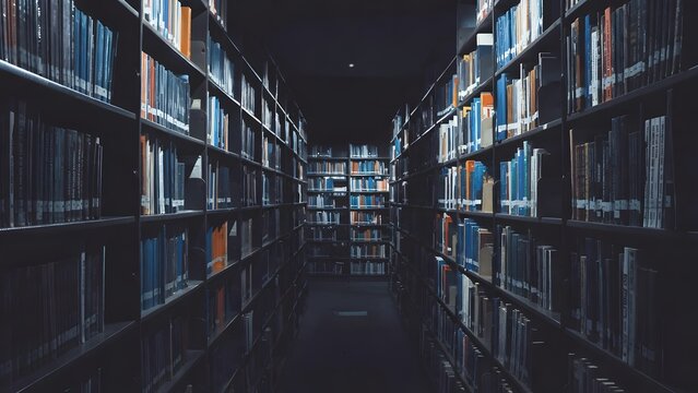 Long dark library corridor lined with towering bookshelves extending into the distance.