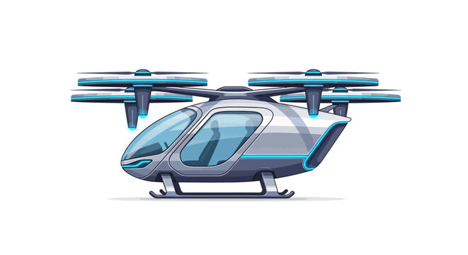 Futuristic electric flying taxi or eVTOL aircraft isolated on white background