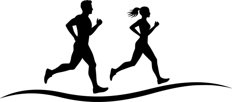 Running man and woman, isolated vector silhouettes. Run, side view. Silhouettes of athletic looking male and female runners running. Transparent EPS version.