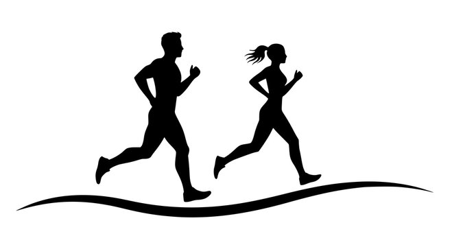 Running man and woman, isolated vector silhouettes. Run, side view. Silhouettes of athletic looking male and female runners running. JPEG version.
