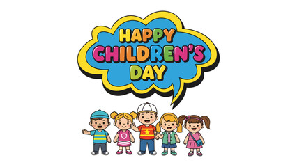 Naklejka premium Celebrating Children's Day: A vibrant illustration showcasing a group of cheerful children, complemented by festive text, captures the essence of childhood joy and the spirit of a special day.