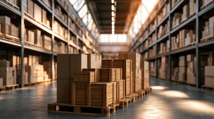 Obraz premium Shipping boxes stacked on wooden pallets in a warehouse aisle with golden hour lighting for logistics and supply chain management