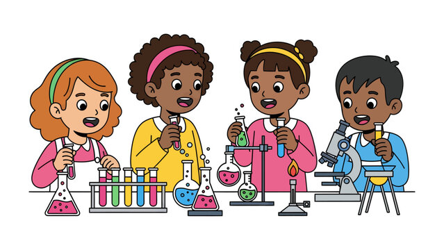 Curious Minds in the Lab: A group of enthusiastic children engage in a science experiment, demonstrating curiosity, knowledge, and teamwork.
