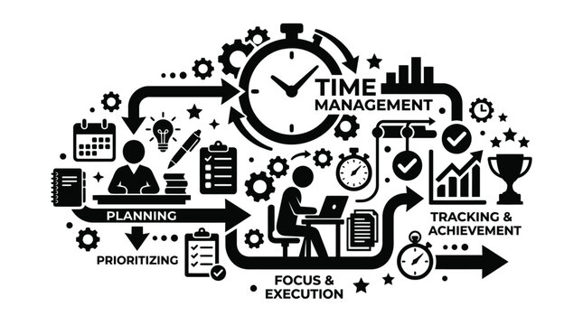 This black and white graphic illustration depicts a professional workflow concept highlighting time management planning prioritizing focus execution tracking and achievement in a clear visual style