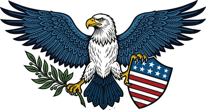 Patriotic American bald eagle vector illustration with outspread blue wings holding olive branch and US shield