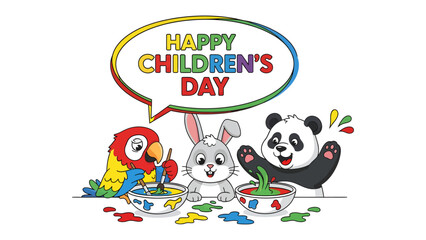 Fototapeta premium Happy Children's Day: A vibrant illustration celebrating Children's Day, featuring a cheerful parrot, rabbit, and panda joyfully painting, with a colorful speech bubble conveying the message.