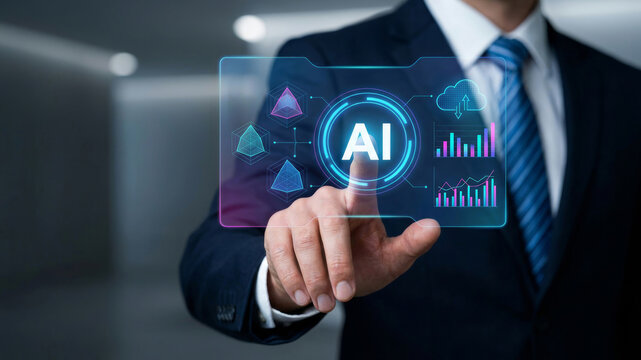 Businessman finger touch ai summary concept digital interface data chart. Summary AI, intelligence report management, document information innovation system analysis, automation, data, summarize