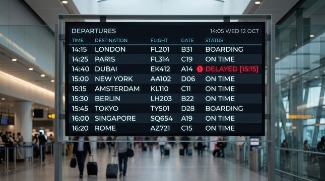 Departures board displays various flights with their destinations and status, showing some flights delayed and others on time.