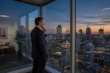 Fototapeta premium Businessman skyline office reflection at dusk contemplating city view with evening lights