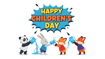 Fototapeta premium Happy Children's Day: A vibrant illustration showcasing cheerful animal characters celebrating childhood, embodying joy, and the innocence of youth.