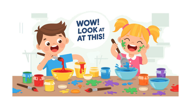 Colorful Art Fun: Two delighted children immerse themselves in an explosion of color, painting with abandon and spreading joy across their faces and the canvas.