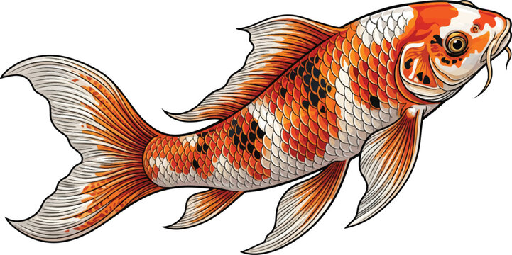 Japanese koi carp vector illustration, orange and white nishikigoi fish with black spots, traditional oriental pond animal isolated on white