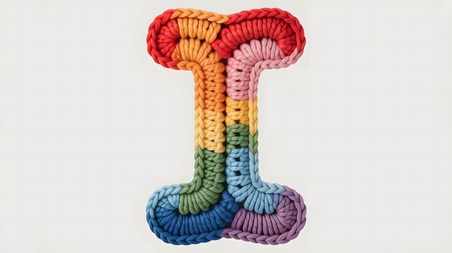 A close-up of a crochet letter I in a vibrant rainbow color scheme, with intricate yarn details and a soft texture, set against a simple white background