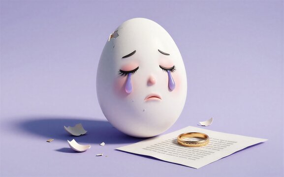 Crying egg with broken shell ring and note on purple background.