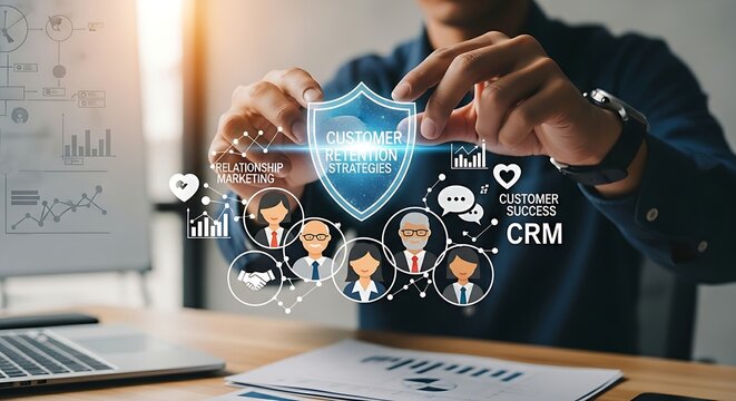 Customer retention strategies. A marketer's hands place a 'protective shield' around a group of customer icons, symbolizing retention.