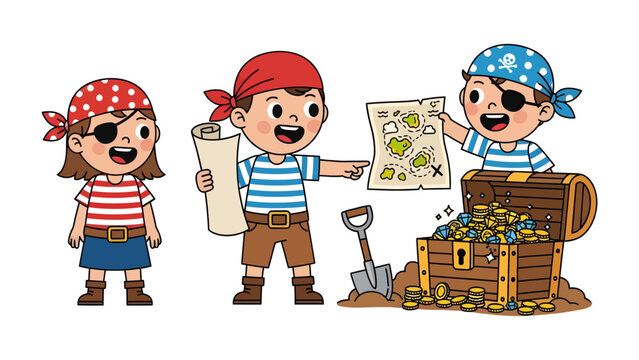 Treasure Map Discovery: Adventurous young buccaneers gather around a treasure chest filled with gold coins, plotting a course with a mysterious map.