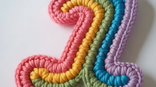 A close-up of a crochet letter I in a vibrant rainbow color scheme, with intricate yarn details and a soft texture, set against a simple white background