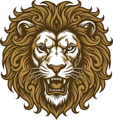 Obraz premium Fierce Lion Head, Roaring Lion Illustration, Golden Vector Graphic, Animal Emblem