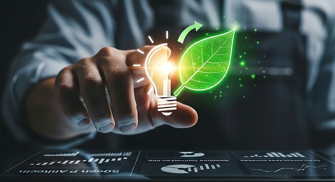 Energy efficiency concept. An engineer's hand touches a 'lightbulb' icon that transforms into a 'green leaf' icon, representing energy efficiency.